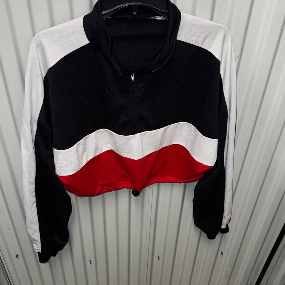Black, White, and Red Zip-Up Jacket